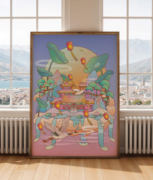 Illustration pittoresque d’un temple chinois avec des lanternes flottantes et un paysage serein