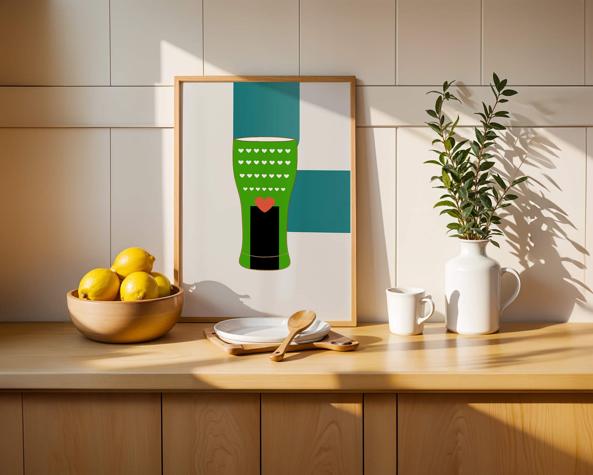 Green vase with heart pattern and minimalistic design