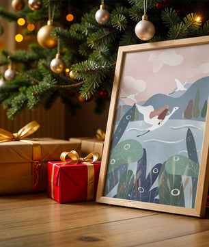 Whimsical landscape with flying birds and pink sky