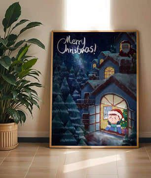Festive Christmas scene with Santa and a cozy home