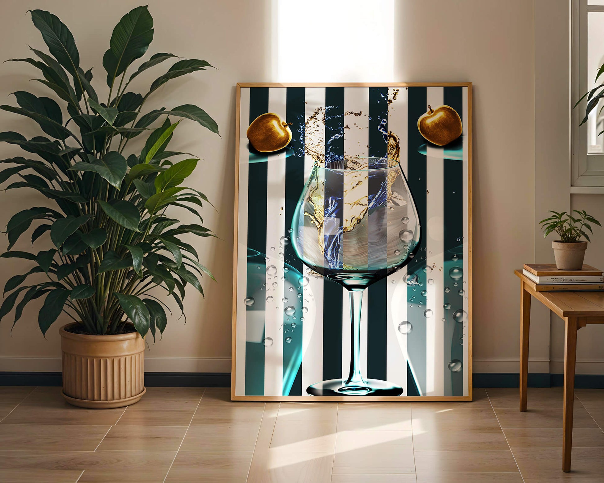 Elegant Glass of Champagne with Golden Apples and Striped Background