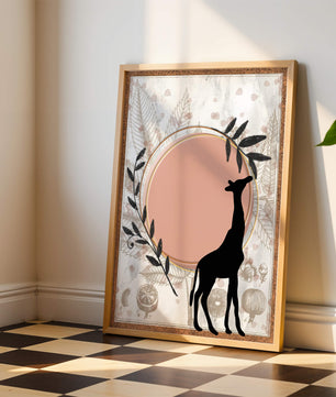 Von der Natur inspiriertes Kunstwerk mit Giraffensilhouette und botanischen Elementen