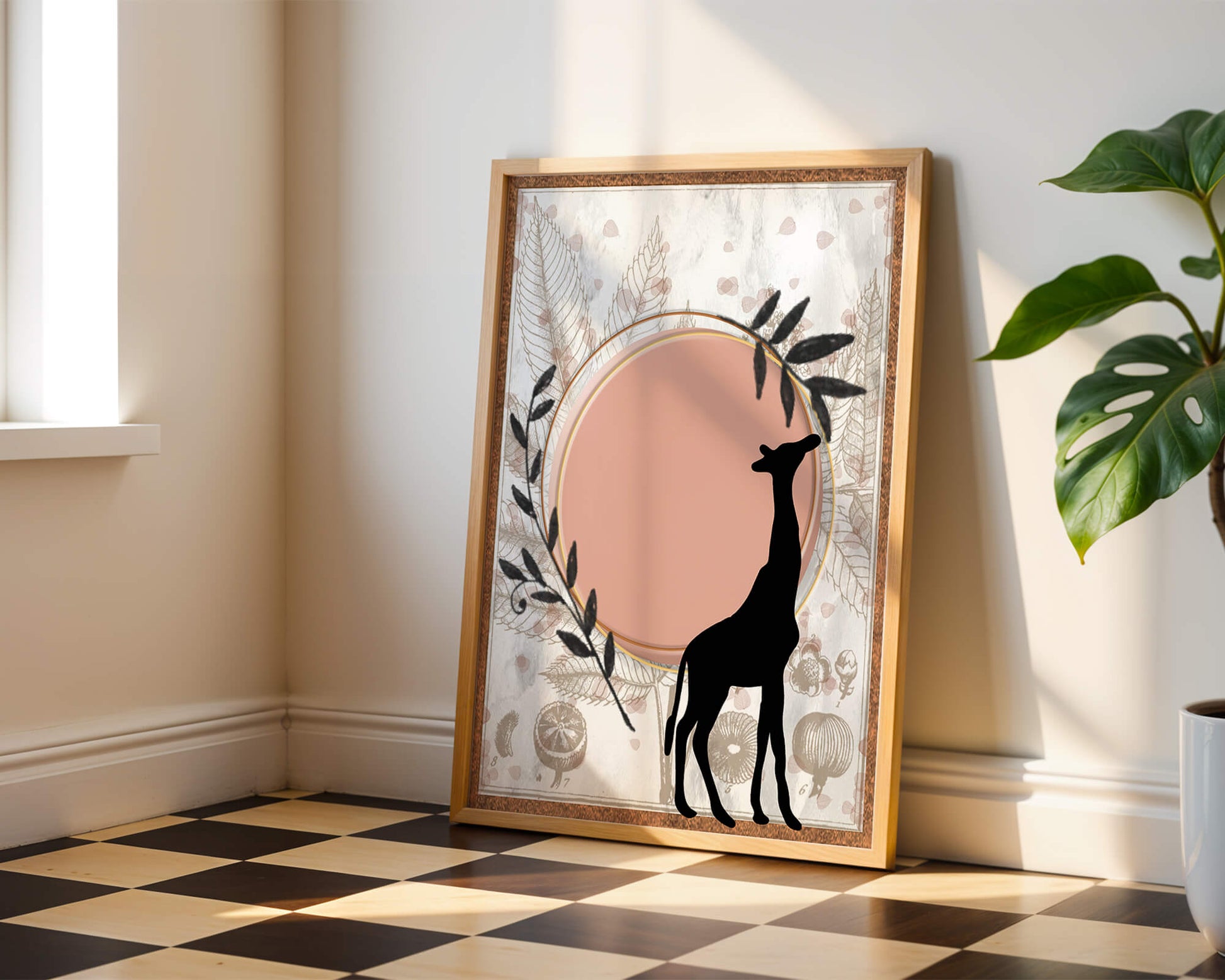 Nature-inspired artwork with giraffe silhouette and botanical elements