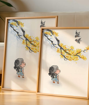 Charming illustration of a child gazing at birds and yellow blossoms