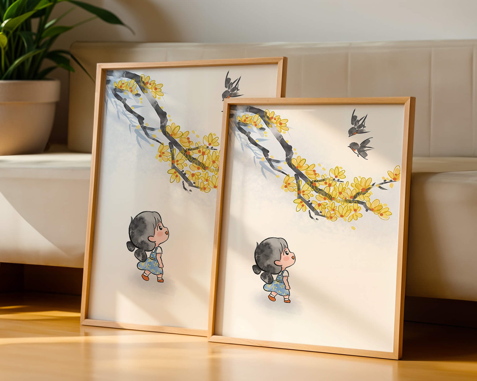 Charming illustration of a child gazing at birds and yellow blossoms