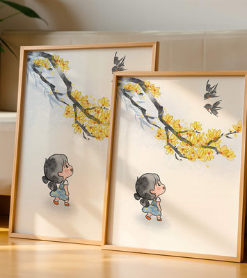 Charming illustration of a child gazing at birds and yellow blossoms