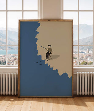 Minimalistic illustration of a person fishing by the sea
