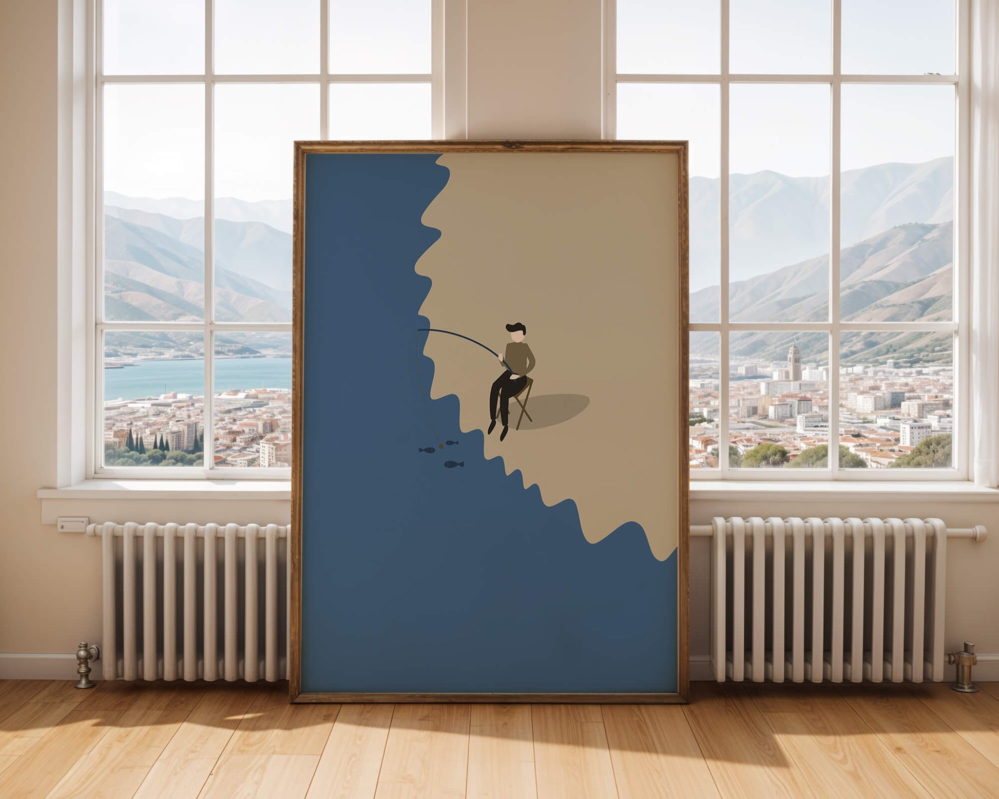 Ilustración minimalista de una persona pescando por el mar