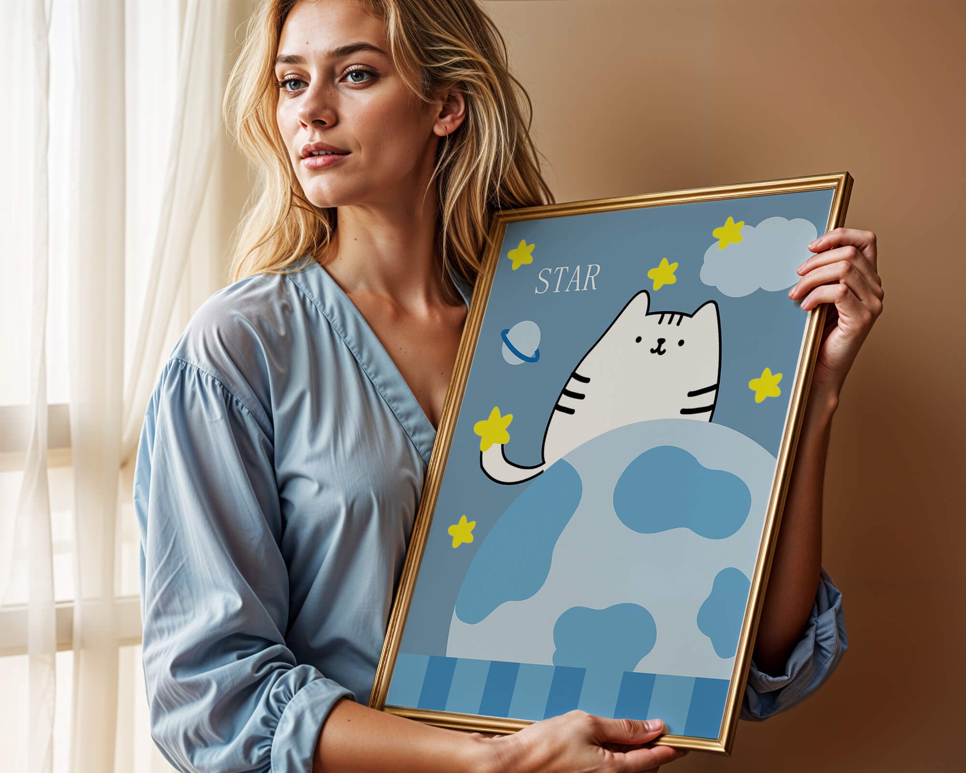 Illustration of a cute cat in space with stars and planets