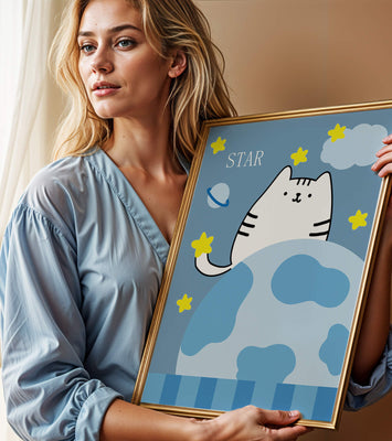 Illustration of a cute cat in space with stars and planets