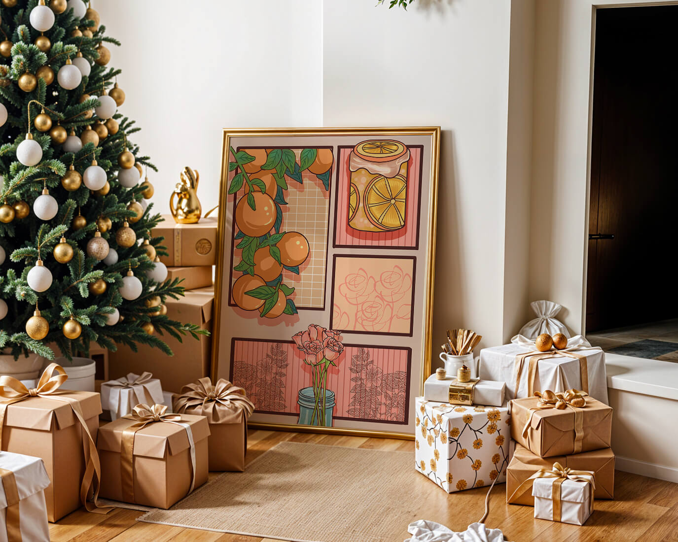 Composición artística con naranjas, frasco de rodajas de limón y rosas sobre fondo geométrico