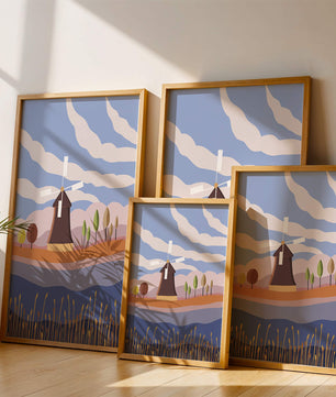 Paysage coloré avec moulin à vent et arbres abstraits