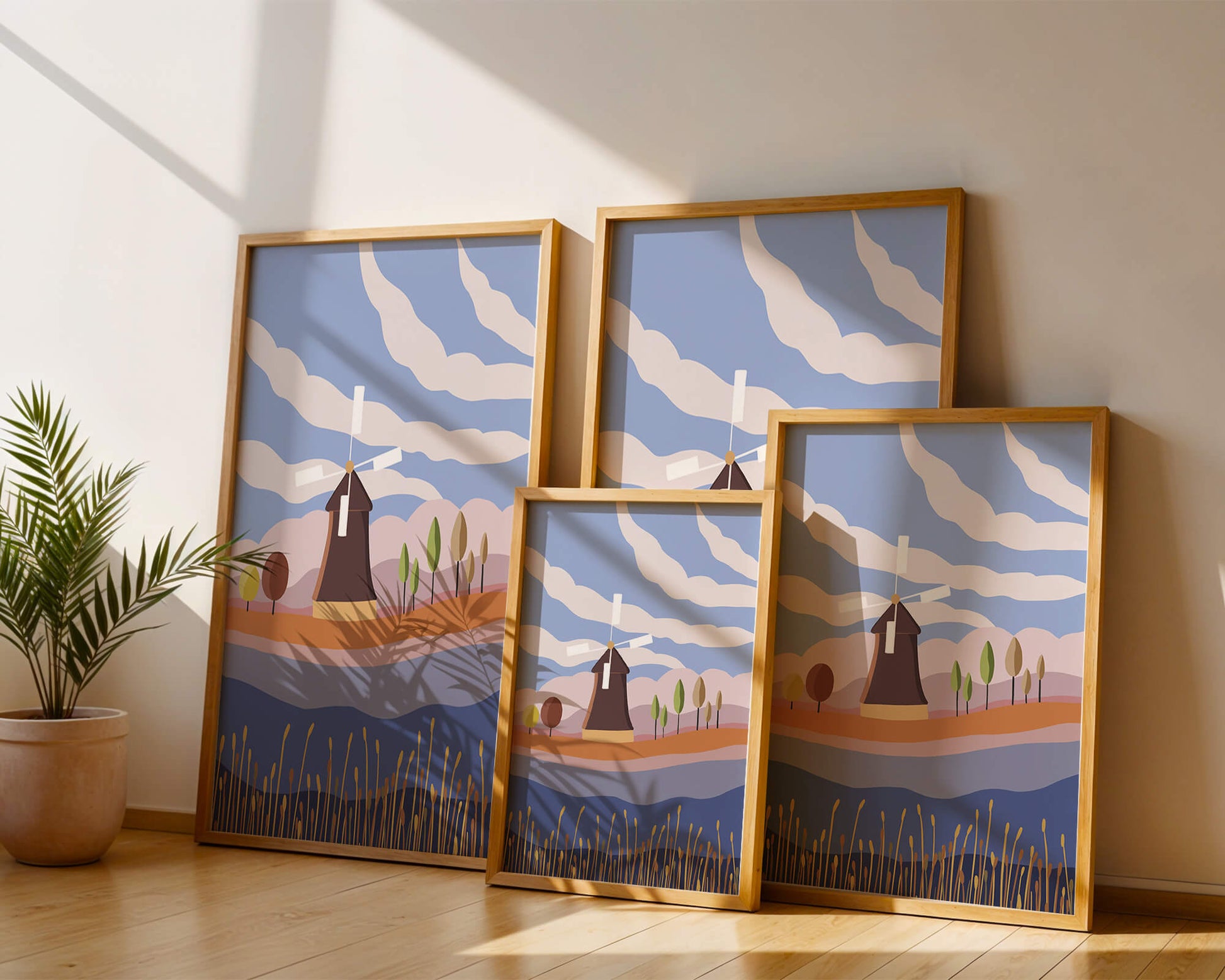 Colorful Landscape Featuring Windmill and Abstract Trees