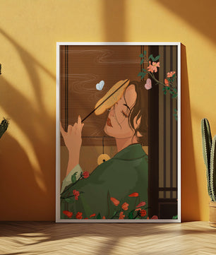 Serene woman with fan surrounded by flowers