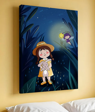 Ilustración de una chica en un bosque con una luciérnaga mágica por la noche