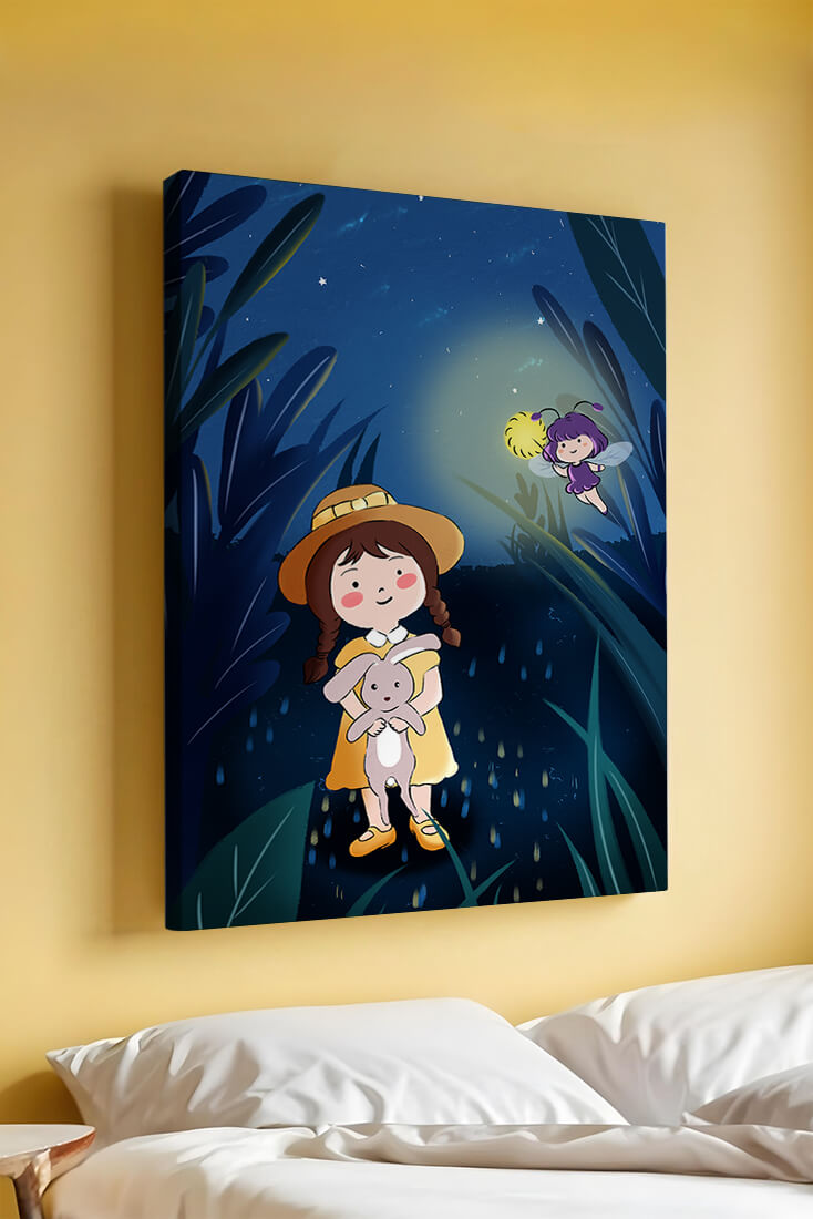 Ilustración de una chica en un bosque con una luciérnaga mágica por la noche