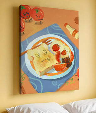Whimsical Breakfast with Animated Tomatoes and Toast on a Bright Plate