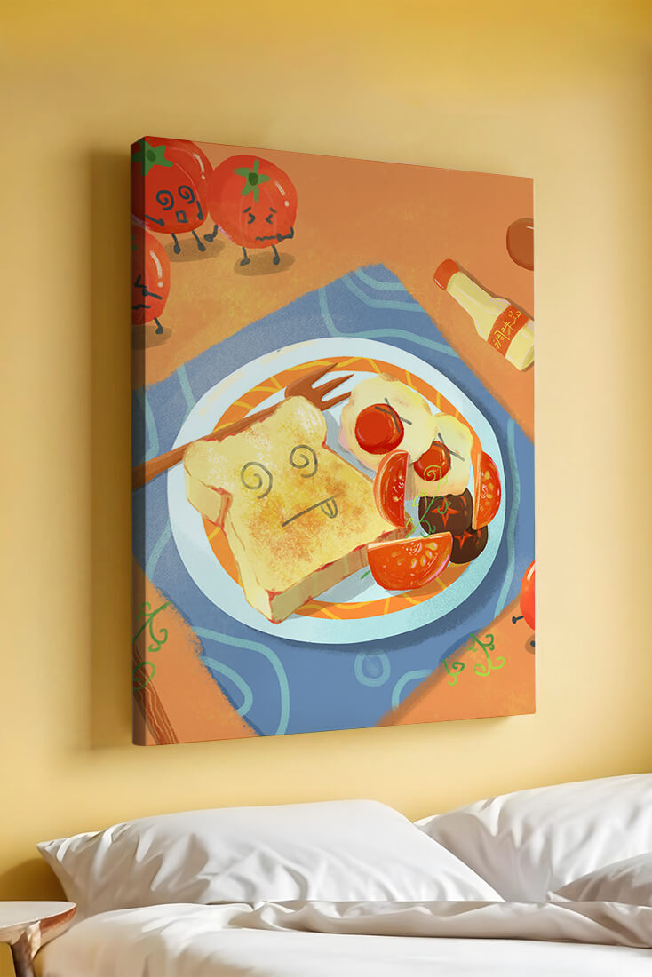 Desayuno caprichoso con tomates animados y tostadas en un plato brillante