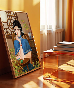 Elegant Woman in Traditional Chinese Setting with Blue Cape and Intricate Decor