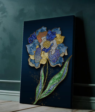 Diseño floral texturizado y colorido con contornos dorados sobre fondo oscuro
