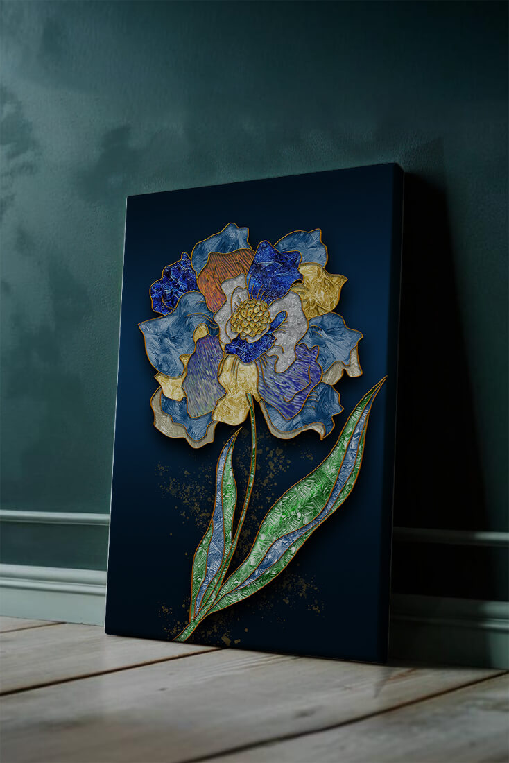 Diseño floral texturizado y colorido con contornos dorados sobre fondo oscuro