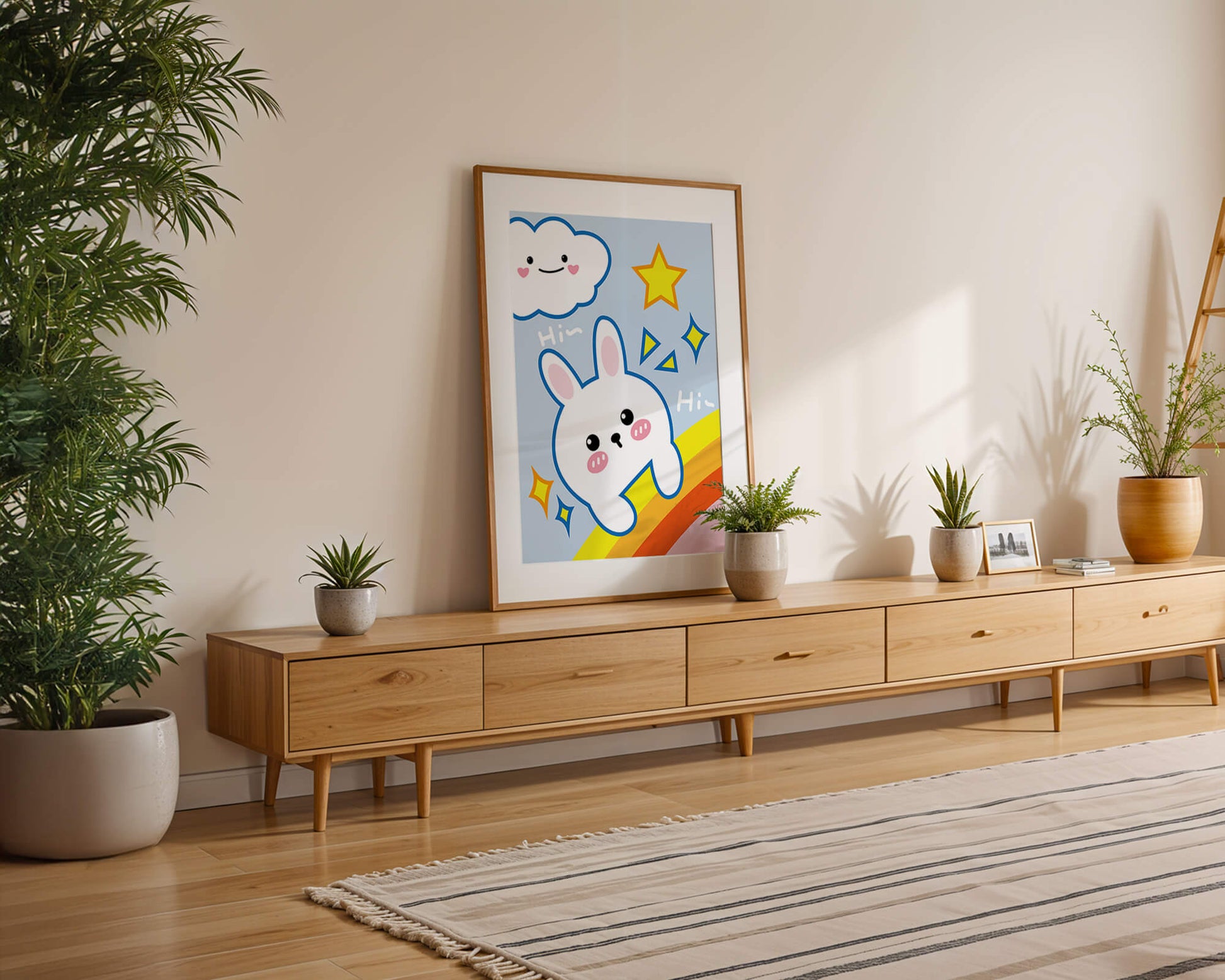Whimsical cartoon bunny with cloud and rainbow theme