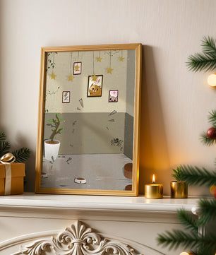 Habitación acogedora con decoraciones de estrellas y obra de arte de gatos