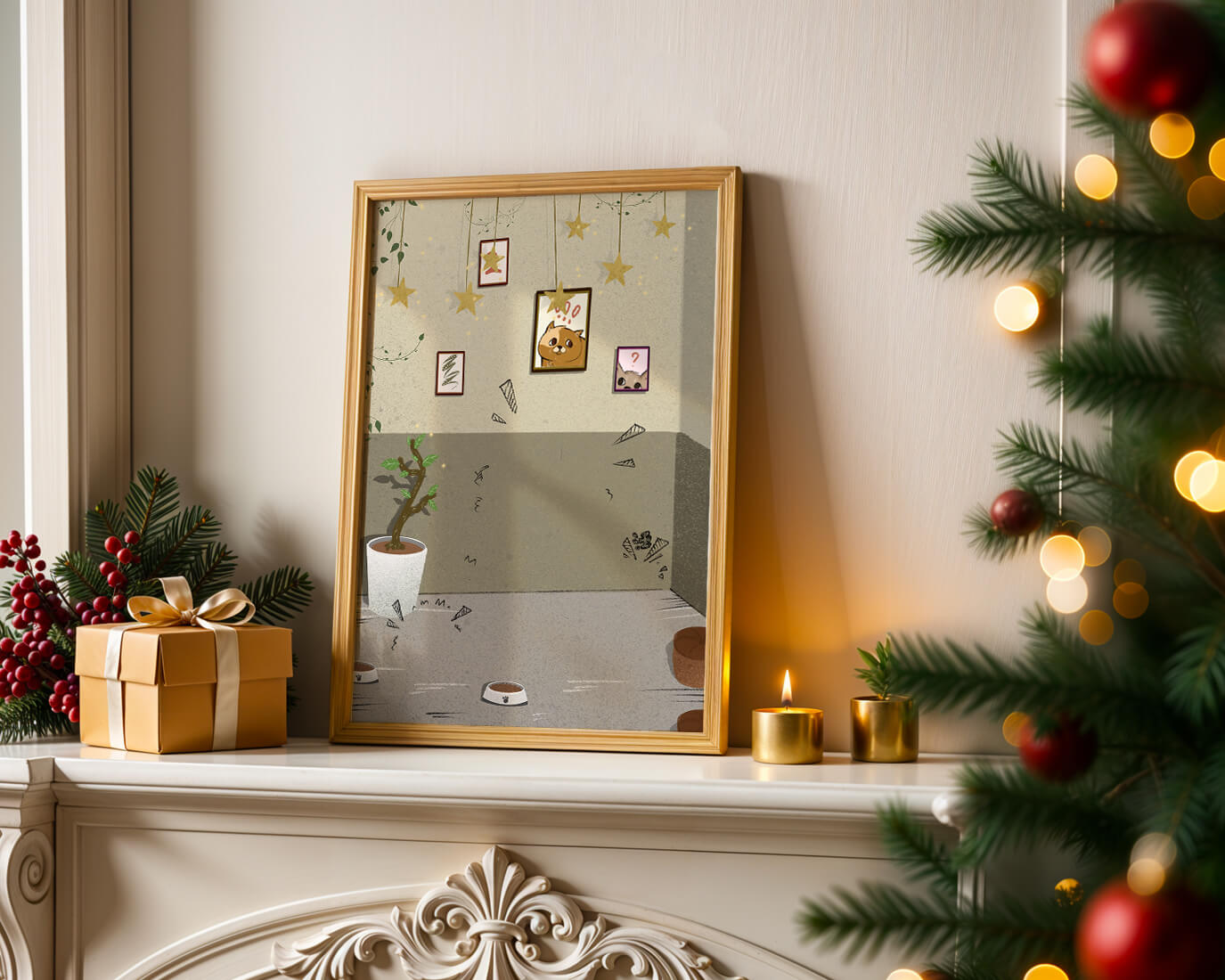 Cozy Room with Star Decorations and Cat Artwork