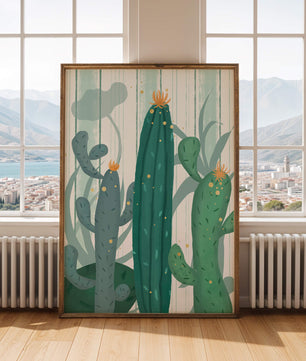 Colorful Cacti with Golden Elements on a Textured Background