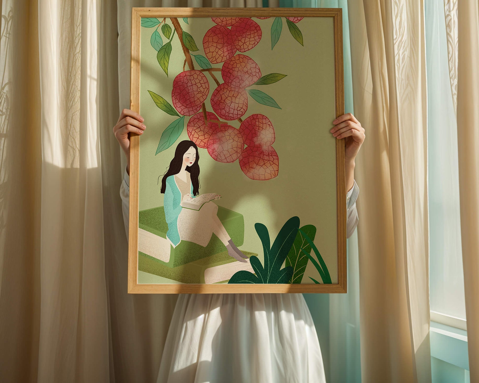 Woman Reading Under Lychee Tree With Greenery