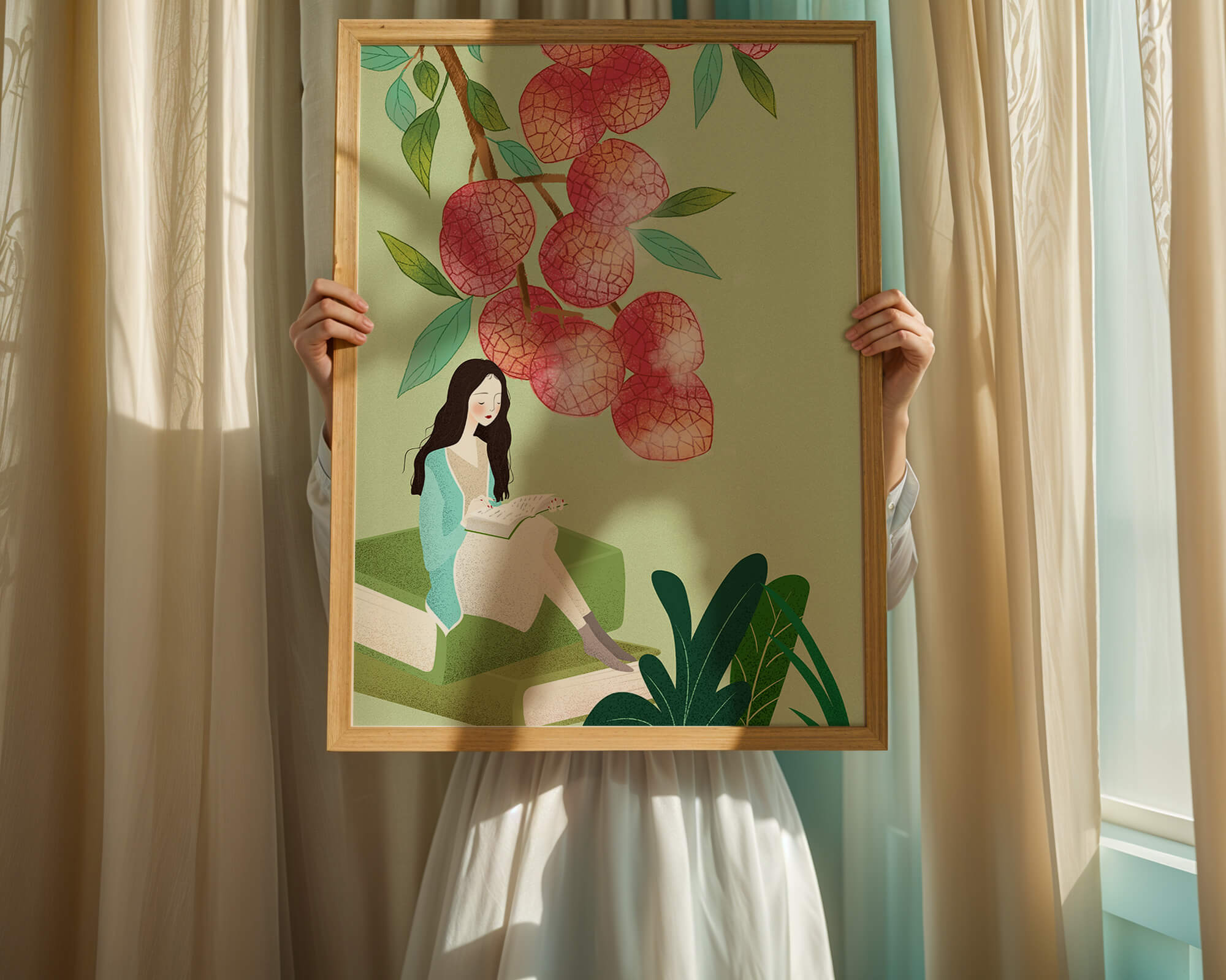 Woman Reading Under Lychee Tree With Greenery