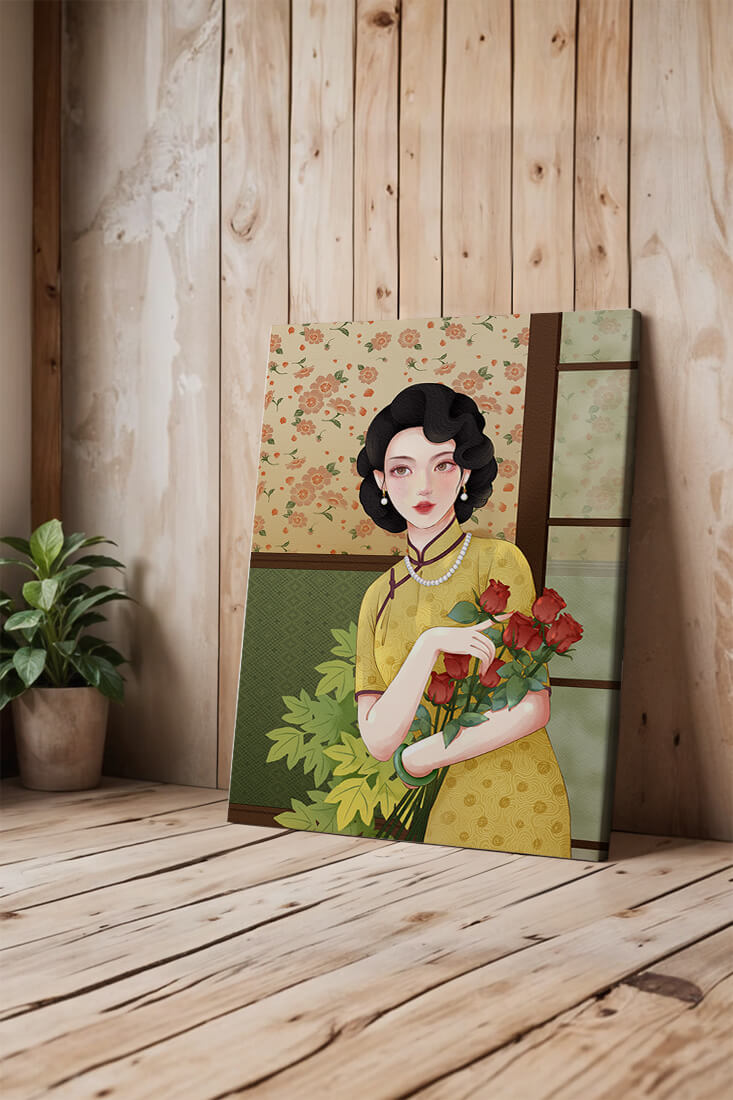 Elegant woman with floral backdrop holding a bouquet
