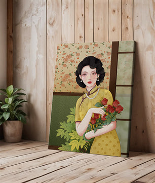 Mujer elegante con fondo floral sosteniendo un ramo