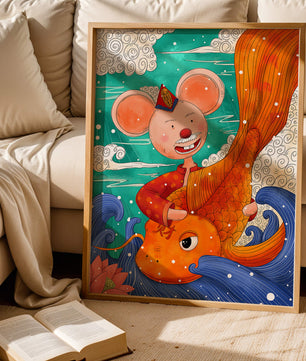 Whimsical illustration of a mouse riding a golden fish in a vibrant fantasy setting