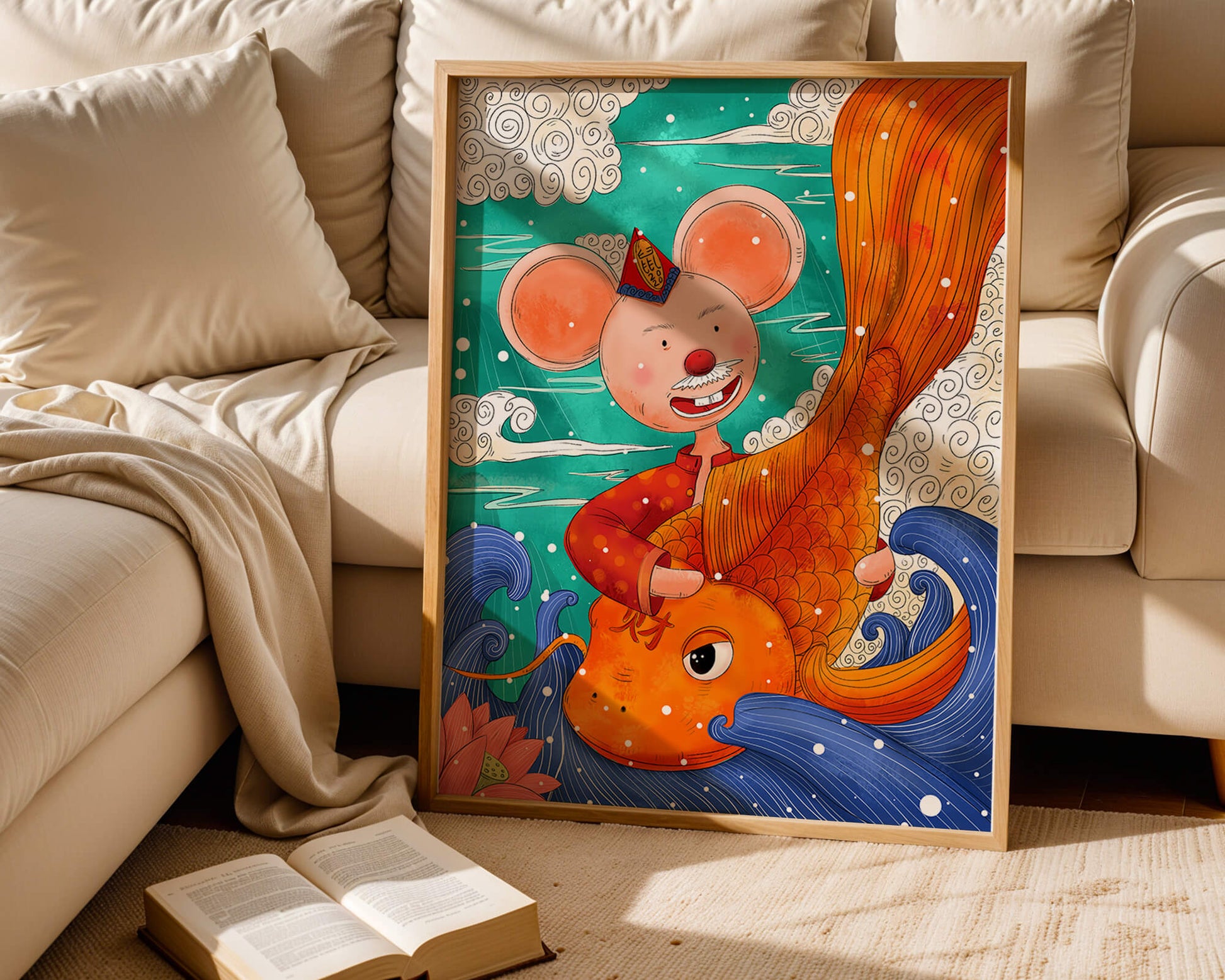 Whimsical illustration of a mouse riding a golden fish in a vibrant fantasy setting