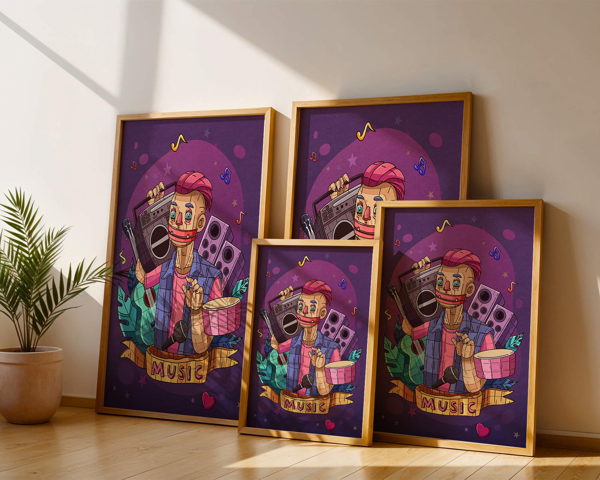 Illustration colorée sur le thème de la musique avec un personnage et des instruments