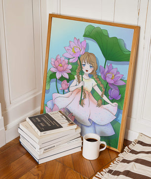 Illustration fantaisiste d'une jeune fille aux cheveux tressés parmi des fleurs de lotus
