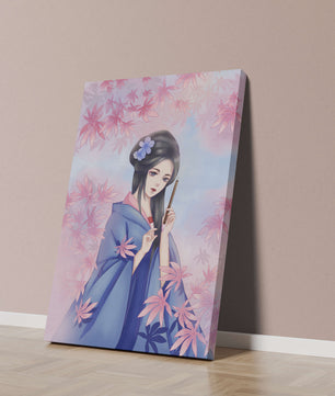 Ilustración elegante de una geisha con kimono azul y hojas rosadas