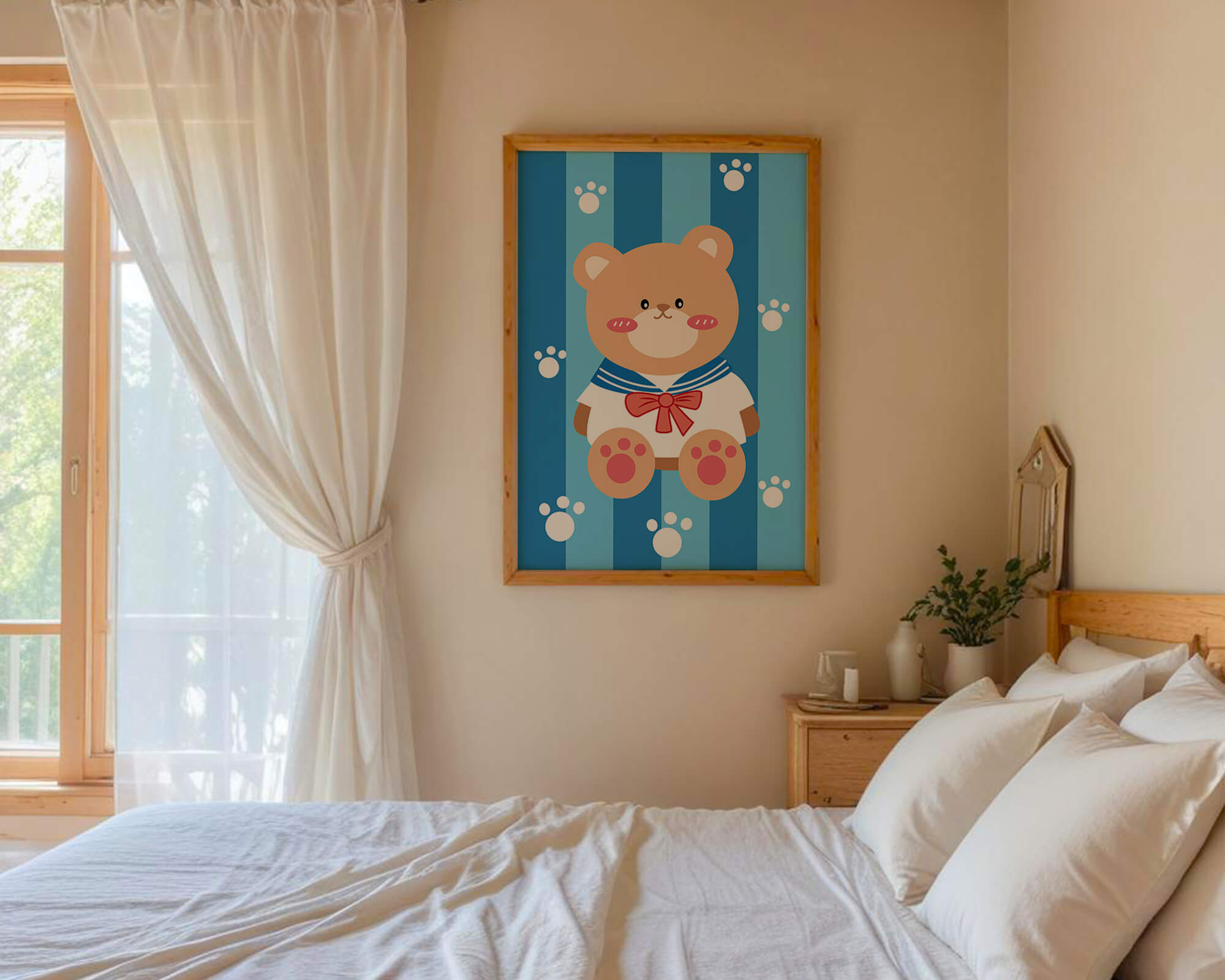 Adorable cartoon bear with sailor suit against striped background