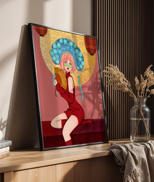 Elegante Illustration einer Frau in traditioneller Kleidung mit einem Fächer