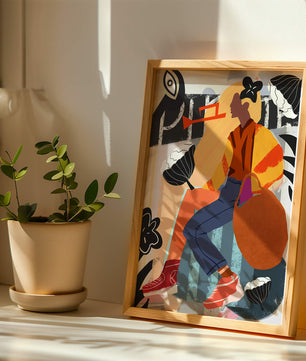 Colorful abstract fashion illustration with floral and geometric elements