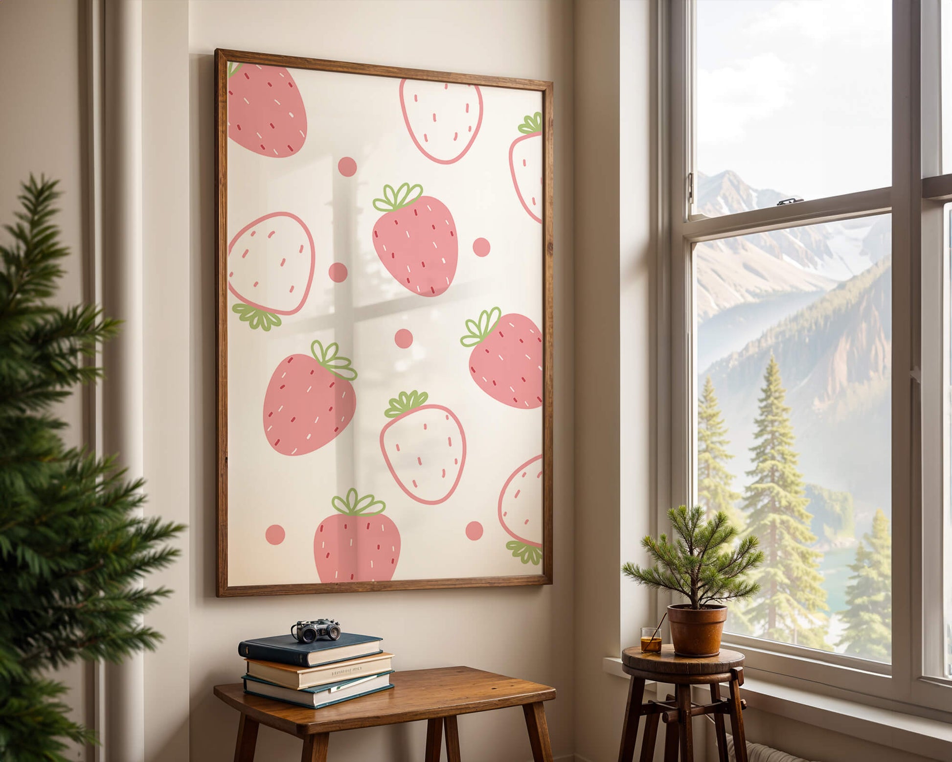 Playful strawberry pattern with pink and white design