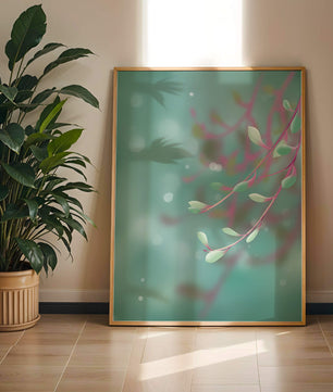 Diseño abstracto sereno con hojas pastel y fondo borroso