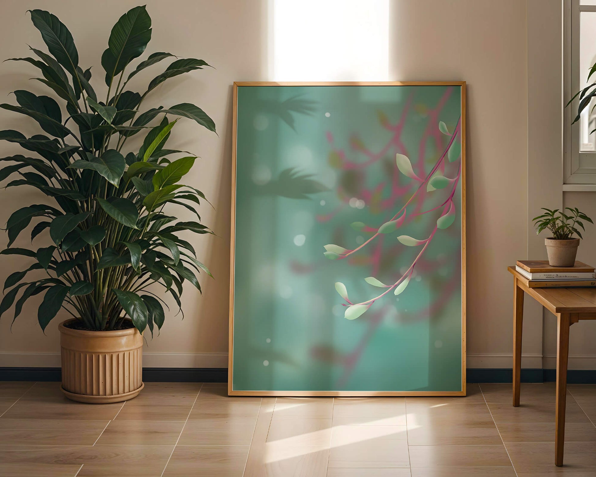 Diseño abstracto sereno con hojas pastel y fondo borroso