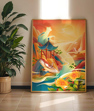 Mystical landscape with cranes and serene mountains