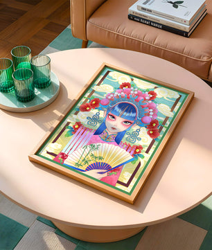Ilustración elegante inspirada en el arte asiático con tocado elaborado y motivos florales