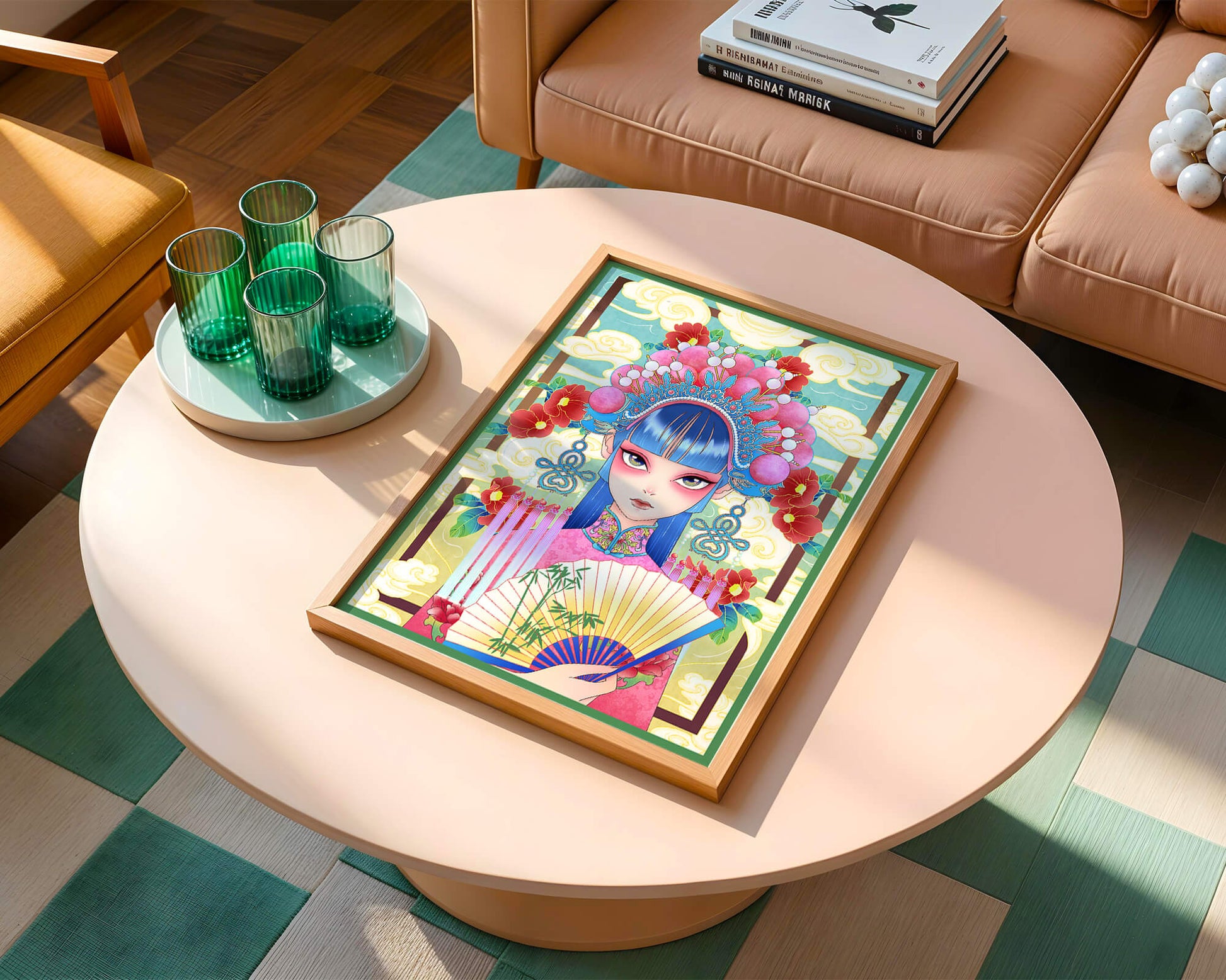 Ilustración elegante inspirada en el arte asiático con tocado elaborado y motivos florales