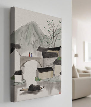 Serene mountain village ink painting with bridge and boat