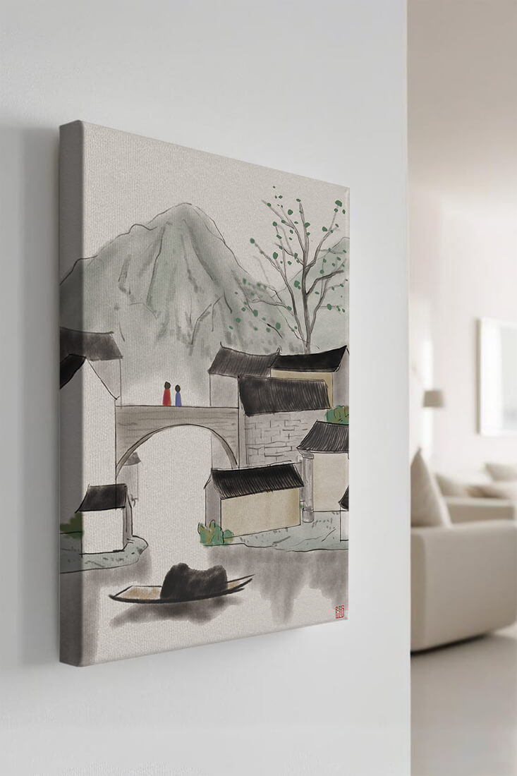 Pintura de tinta de un tranquilo pueblo montañoso con puente y barco