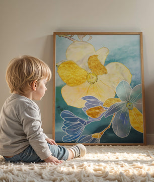 Abstract Floral Art with Golden Accents on Blue Background